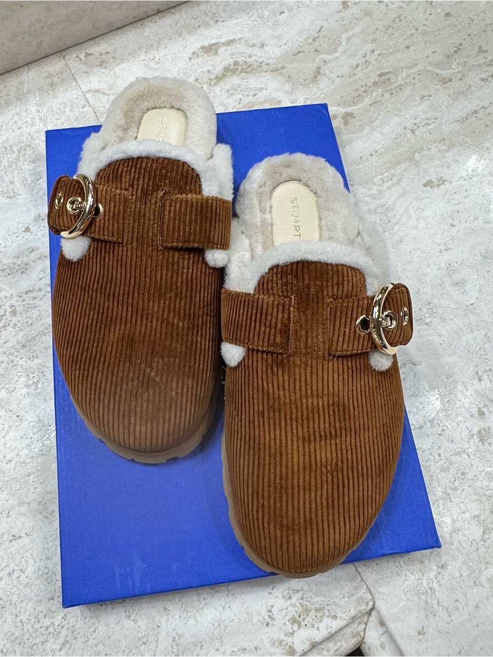 STUART WEITZMAN Chrystie Shearling Clogs Corduroy Slip-On Mules-Brown NWT Sz 9🌸
